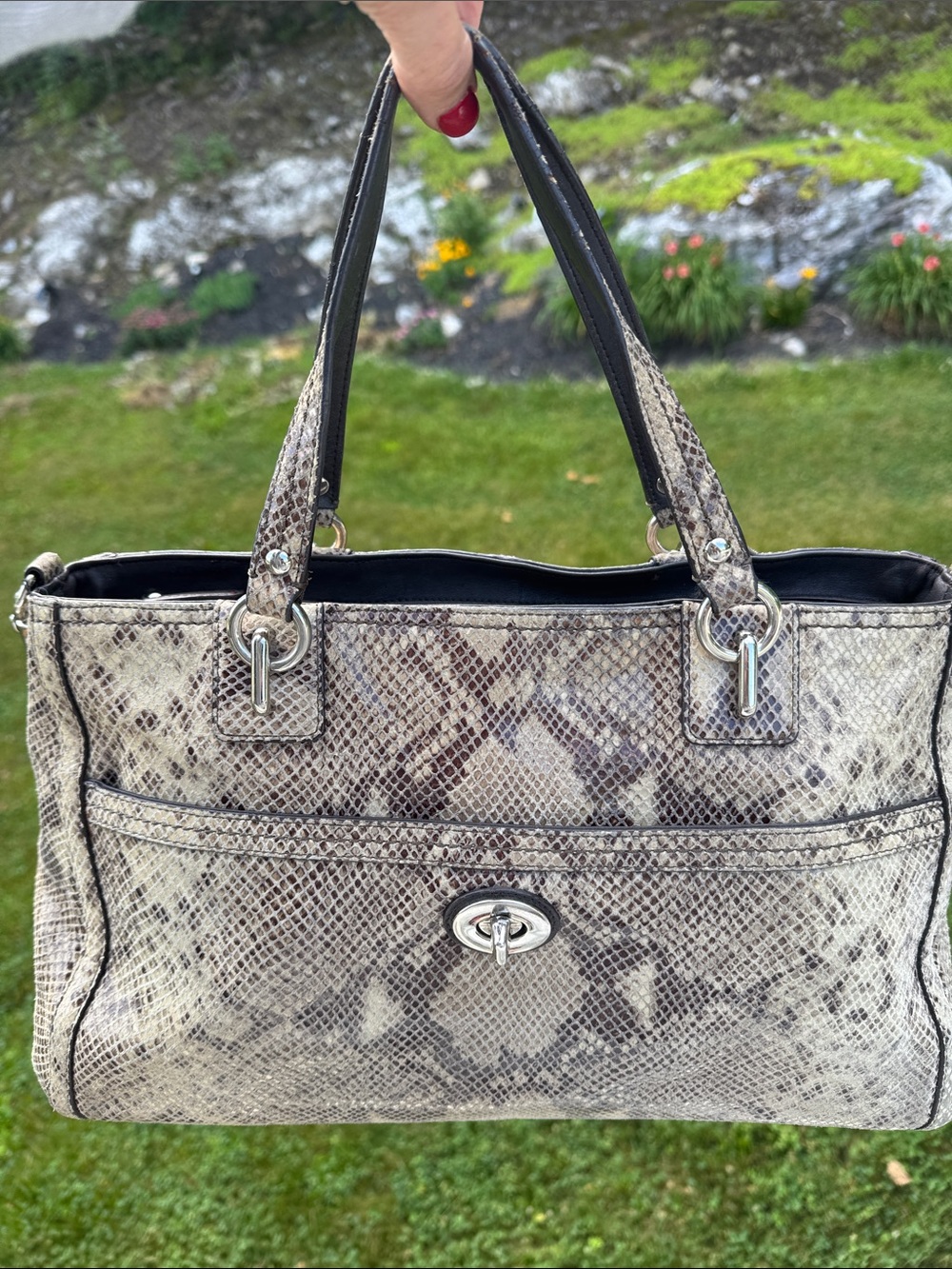 Snake-Print Tote Bag in Beige and Brown - Designer Style